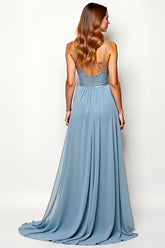 Grau Blau Chiffon A Linie Langes Hochzeitsgastkleid mit Perlen